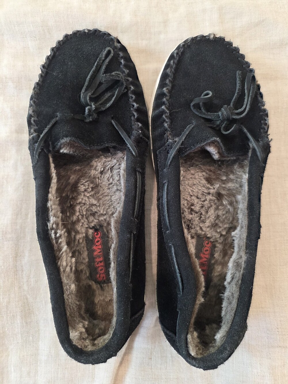 SOFTMOC Black Suede Faux-Fur Lined Moccasin Slippers SZ 7